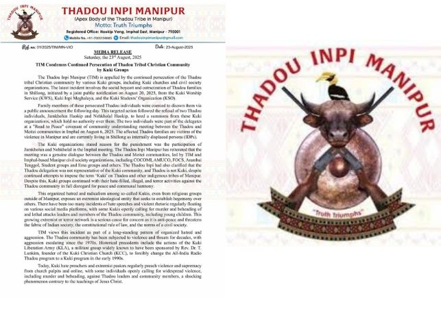 TIM rails against ongoing persecution of the Christian Thadou Tribe by Kuki groups
